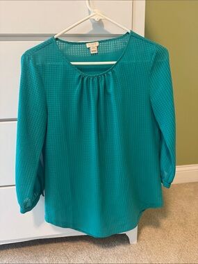 J. Crew Teal Textured Round-Neck Blouse